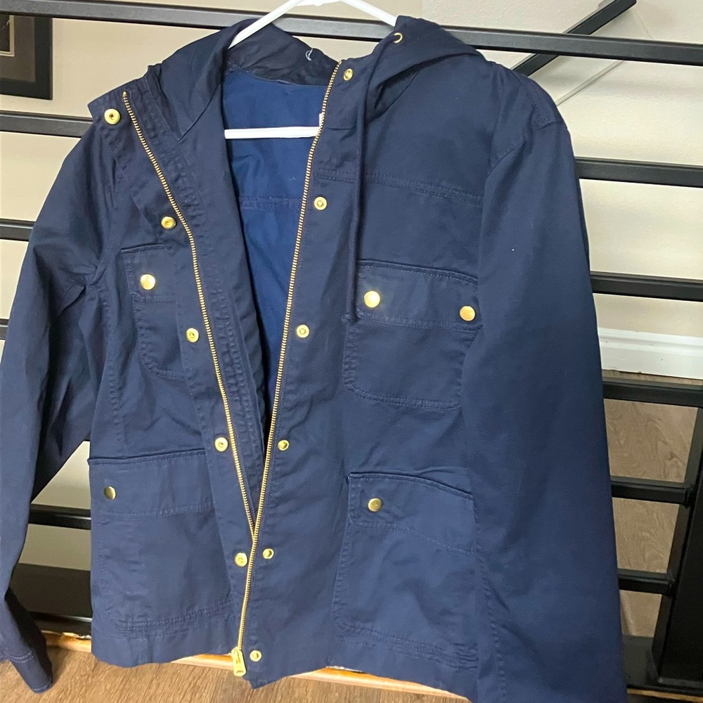 J CREW women's resin coated hooded twill jacket